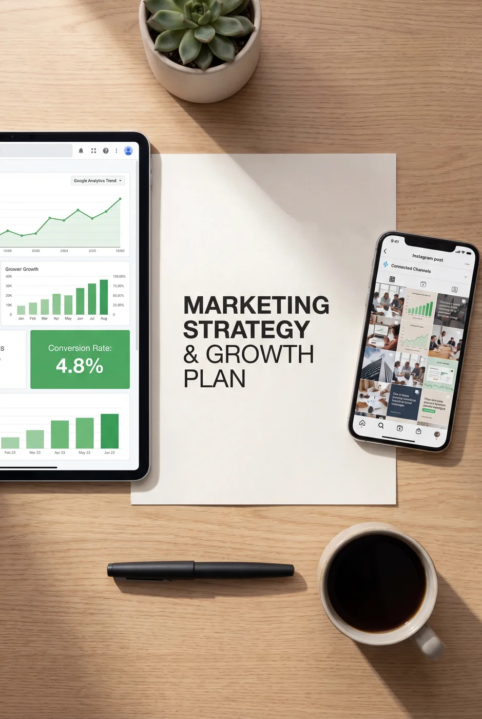 Marketing strategy and growth plan shown on tablet and mobile devices